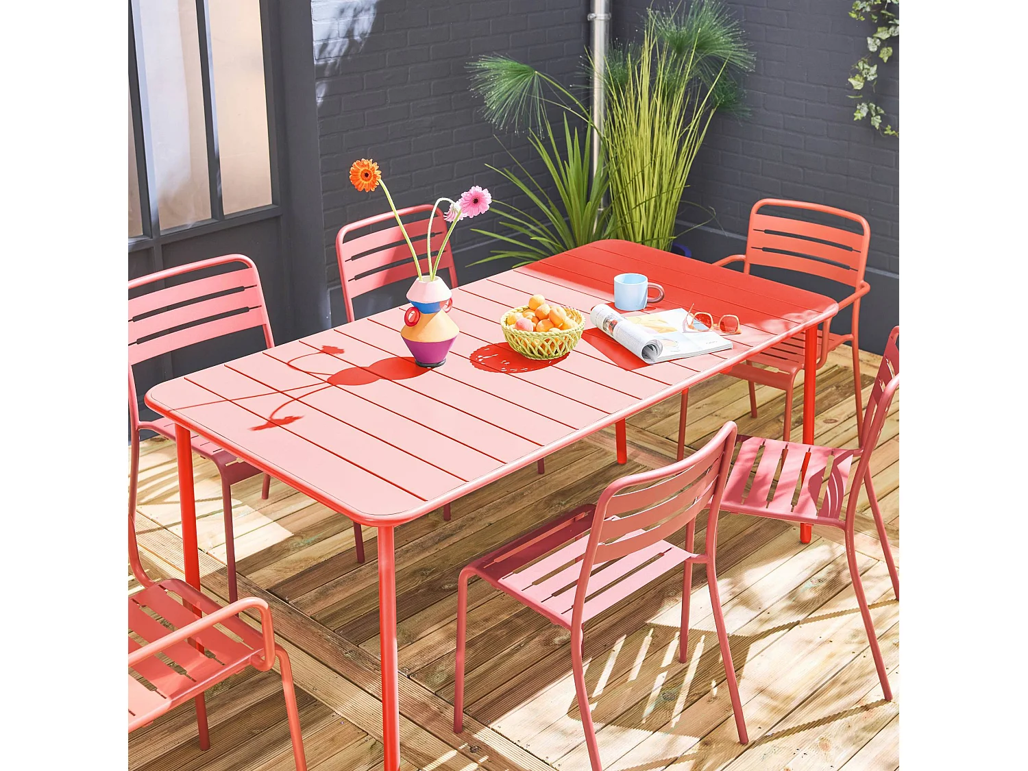 Table de jardin métal + 6 assises terracotta. acier traitement anti rouille