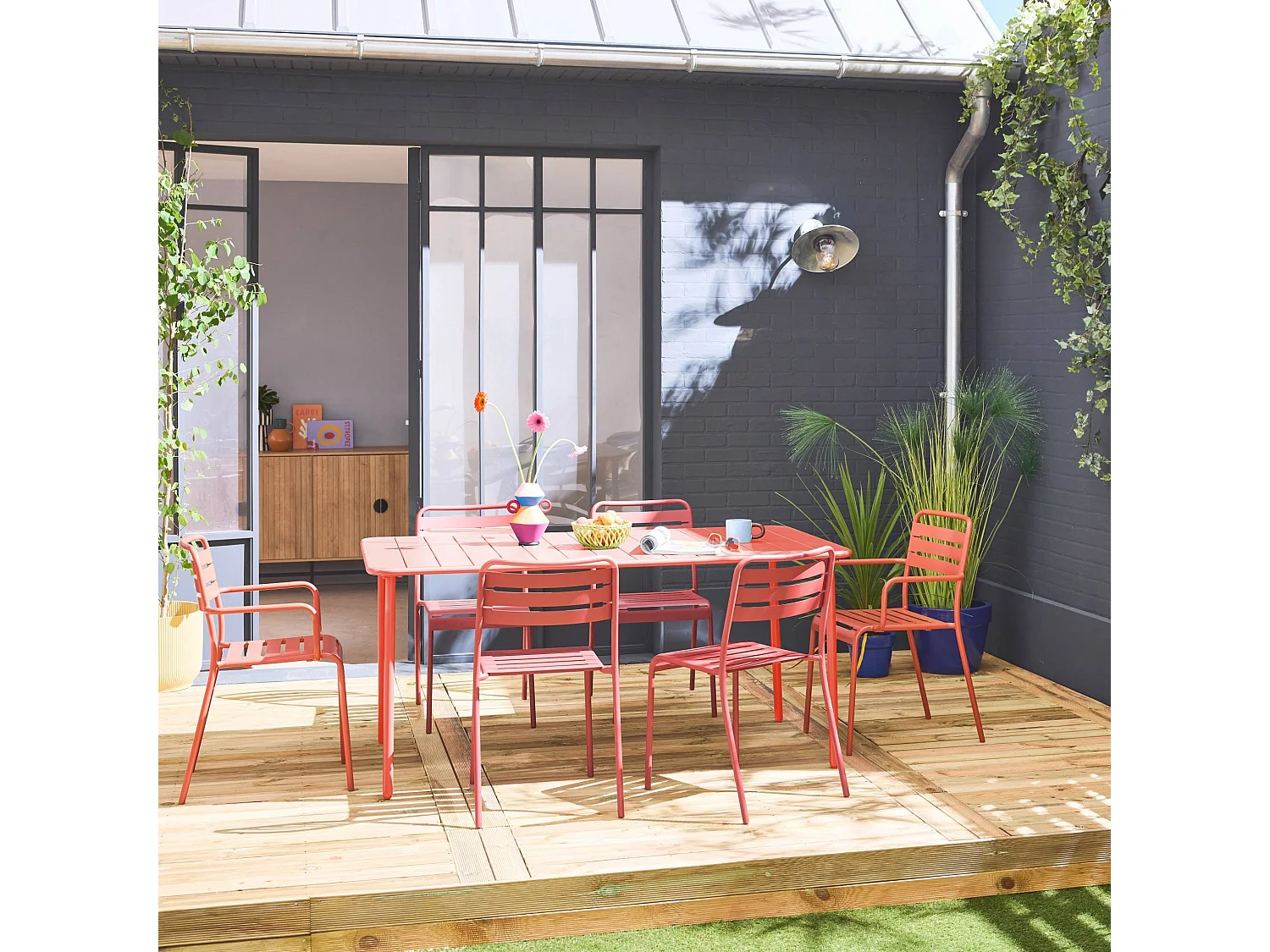 Mesa de jardín de metal 2 sillones 4 sillas terracotta