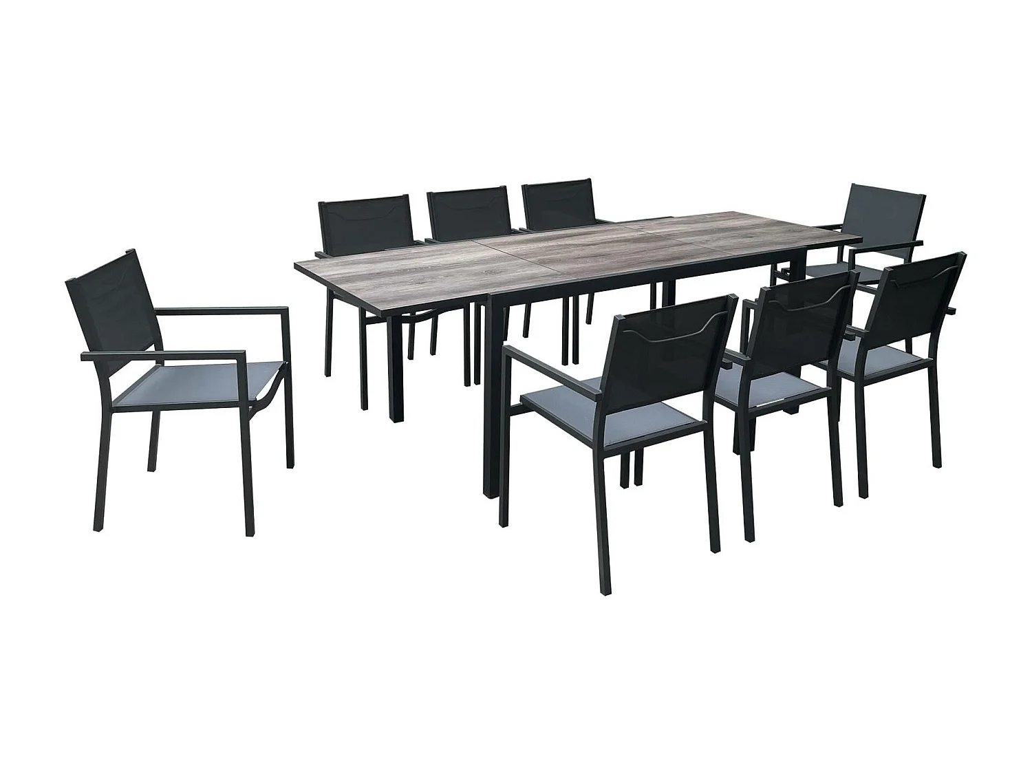 Table jardin extensible aluminium + 8 assises empilables aluminium et textilène