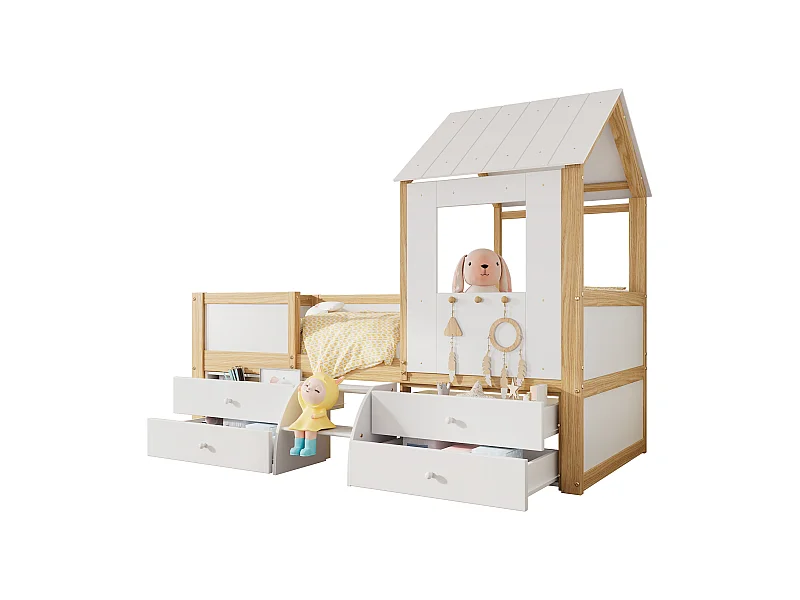 Lit cabane 90x200 cm avec barrière de sécurité - avec 4 tiroirs et escalier - en bois de pin et MDF - Blanc & Naturel