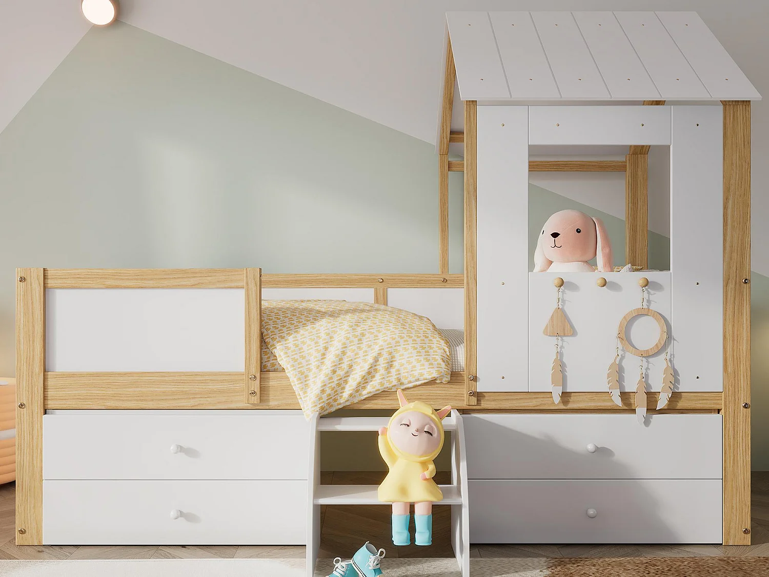 Lit cabane 90x200 cm avec barrière de sécurité - avec 4 tiroirs et escalier - en bois de pin et MDF - Blanc & Naturel