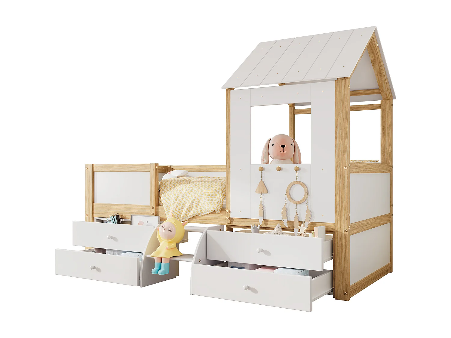 Hochbett 90x200 cm mit Sicherheitsbarriere – mit 4 Schubladen und Treppe – aus Kiefernholz und MDF – Weiß und Natur