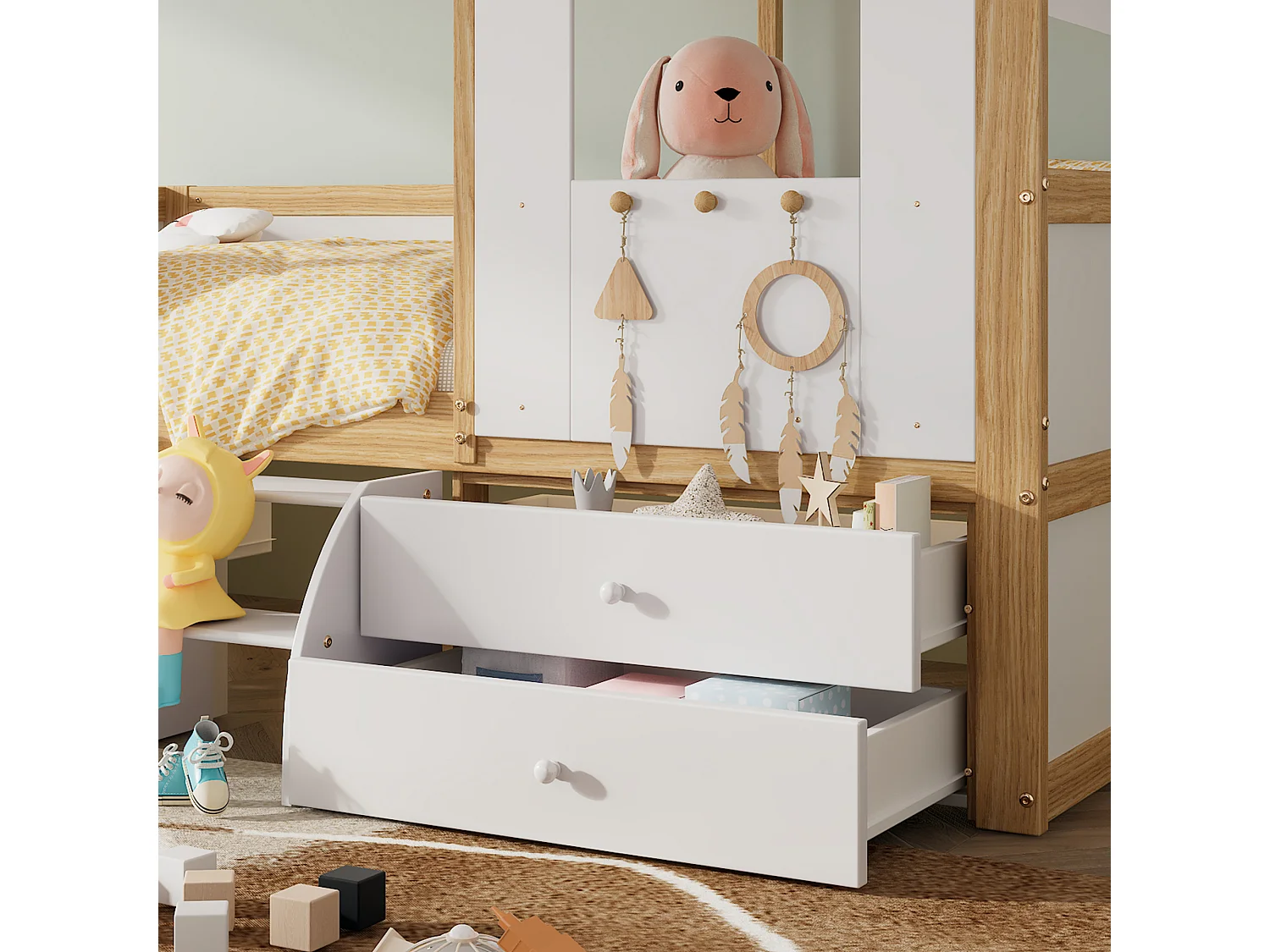 Hochbett 90x200 cm mit Sicherheitsbarriere – mit 4 Schubladen und Treppe – aus Kiefernholz und MDF – Weiß und Natur