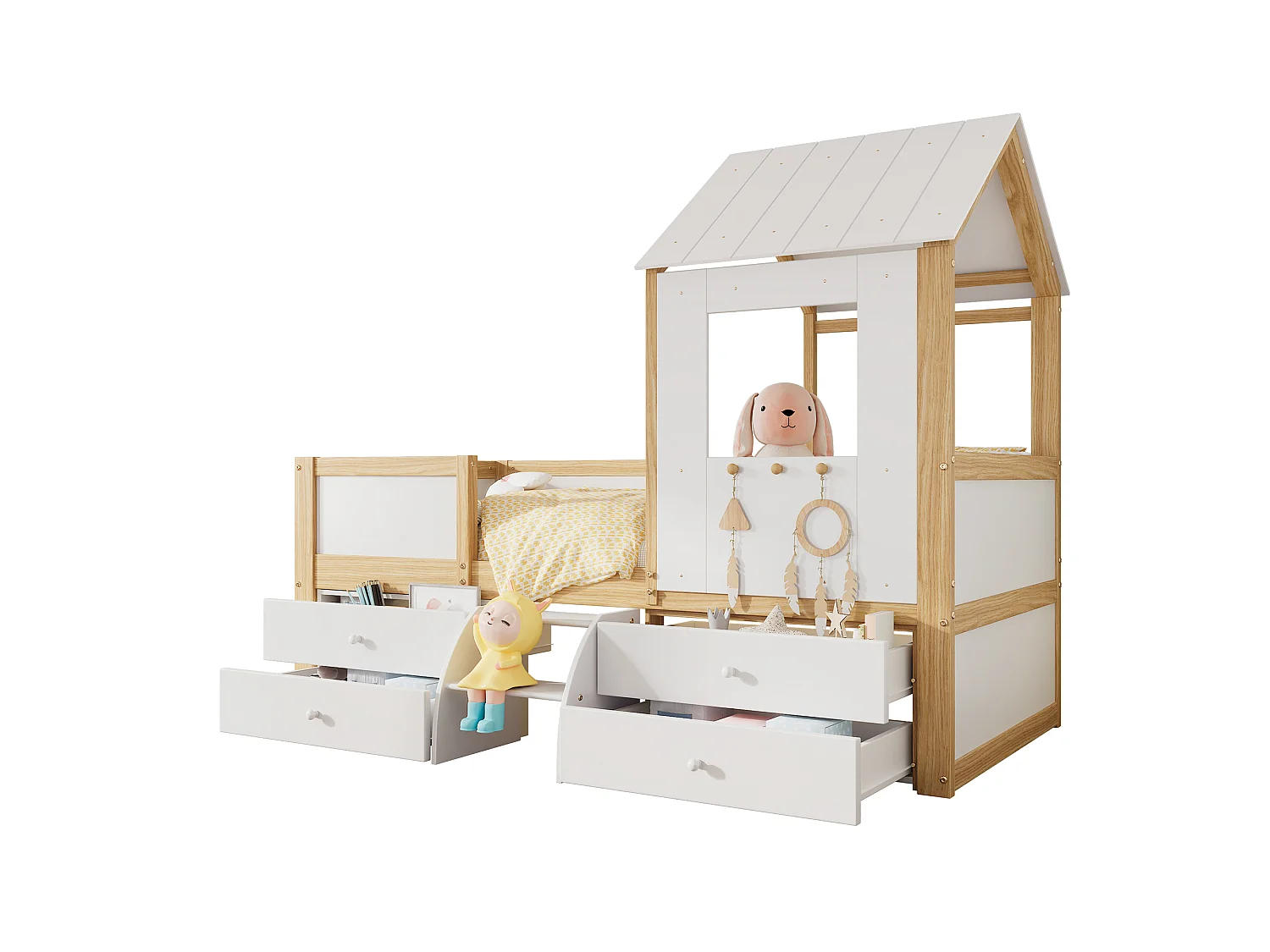 Lit cabane 90x200 cm avec barrière de sécurité - avec 4 tiroirs et escalier - en bois de pin et MDF - Blanc & Naturel