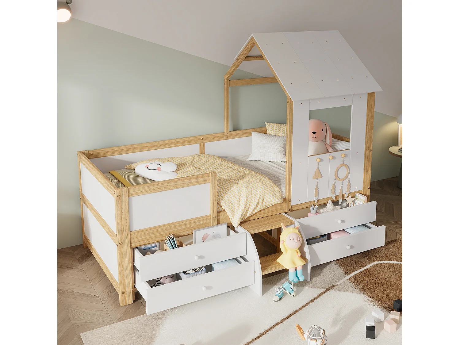 Lit cabane 90x200 cm avec barrière de sécurité - avec 4 tiroirs et escalier - en bois de pin et MDF - Blanc & Naturel