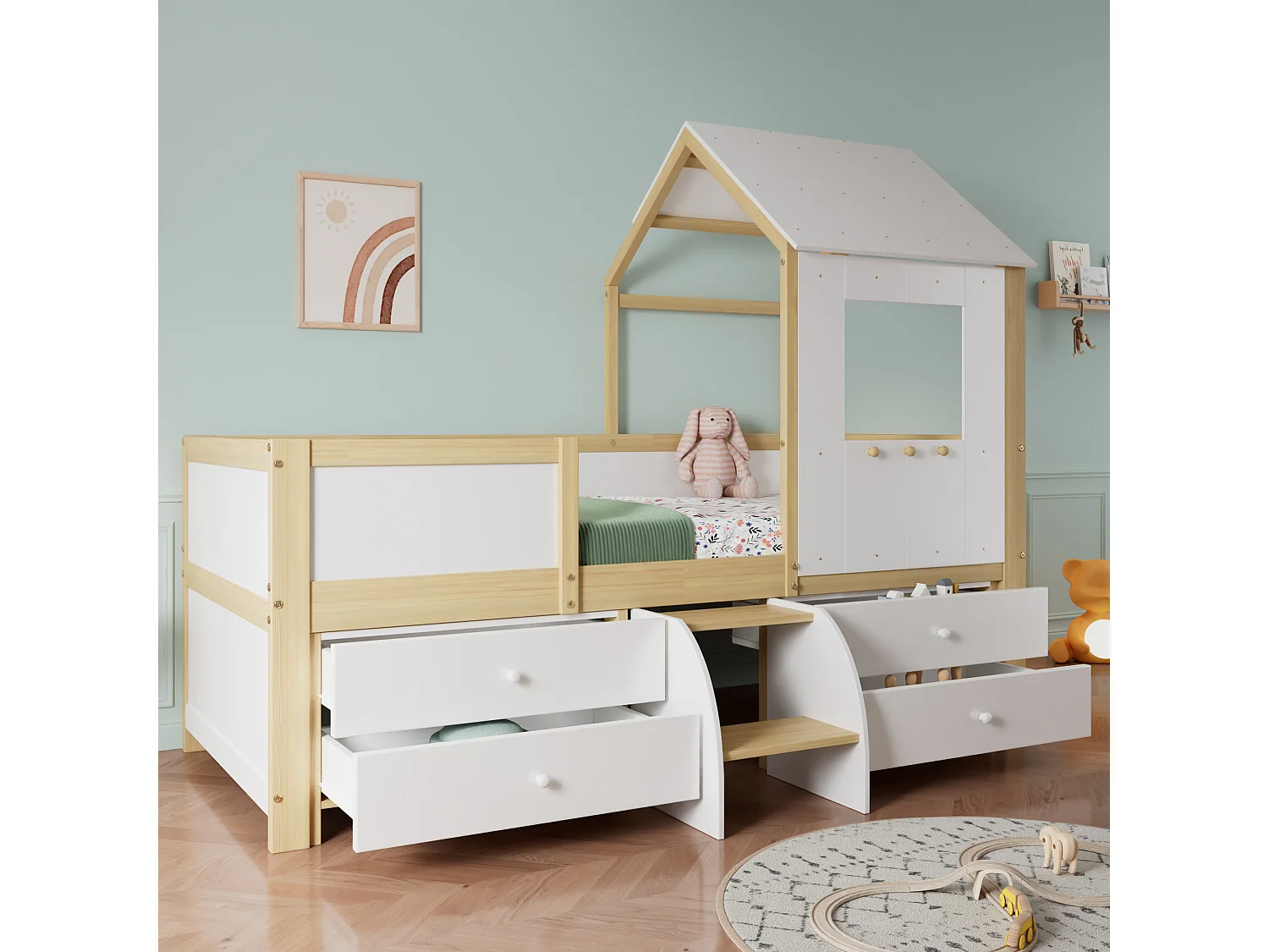 Lit cabane 90x200 cm avec barrière de sécurité - avec 4 tiroirs et escalier - en bois de pin et MDF - Blanc & Naturel