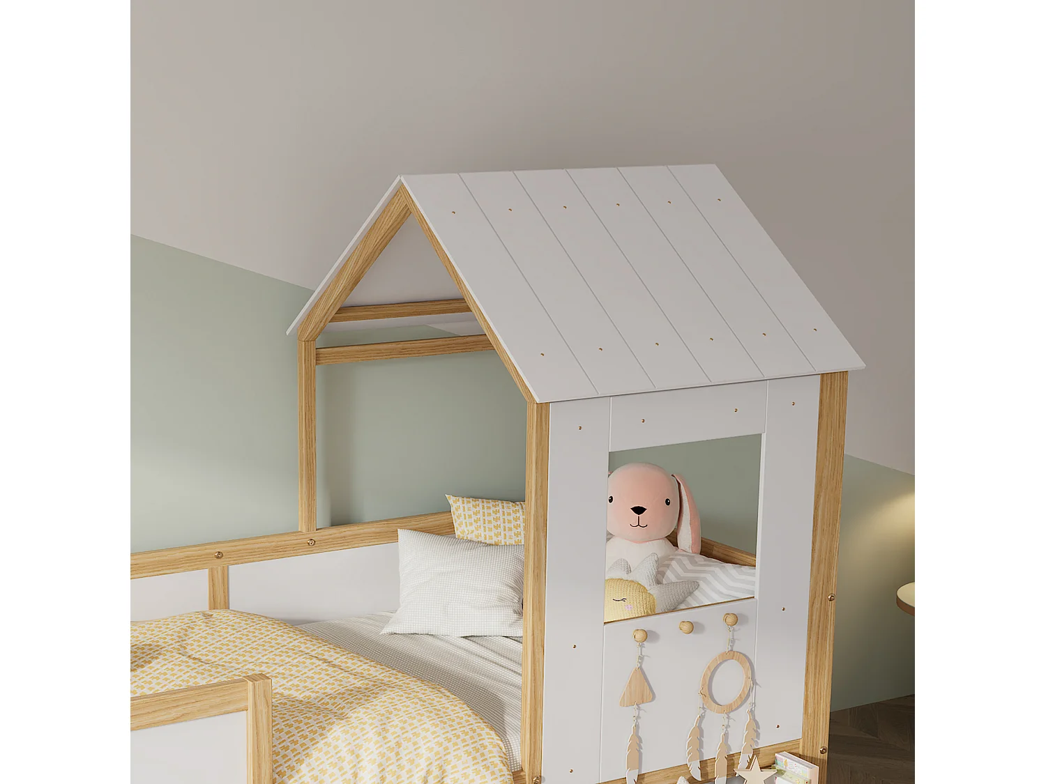 Lit cabane 90x200 cm avec barrière de sécurité - avec 4 tiroirs et escalier - en bois de pin et MDF - Blanc & Naturel