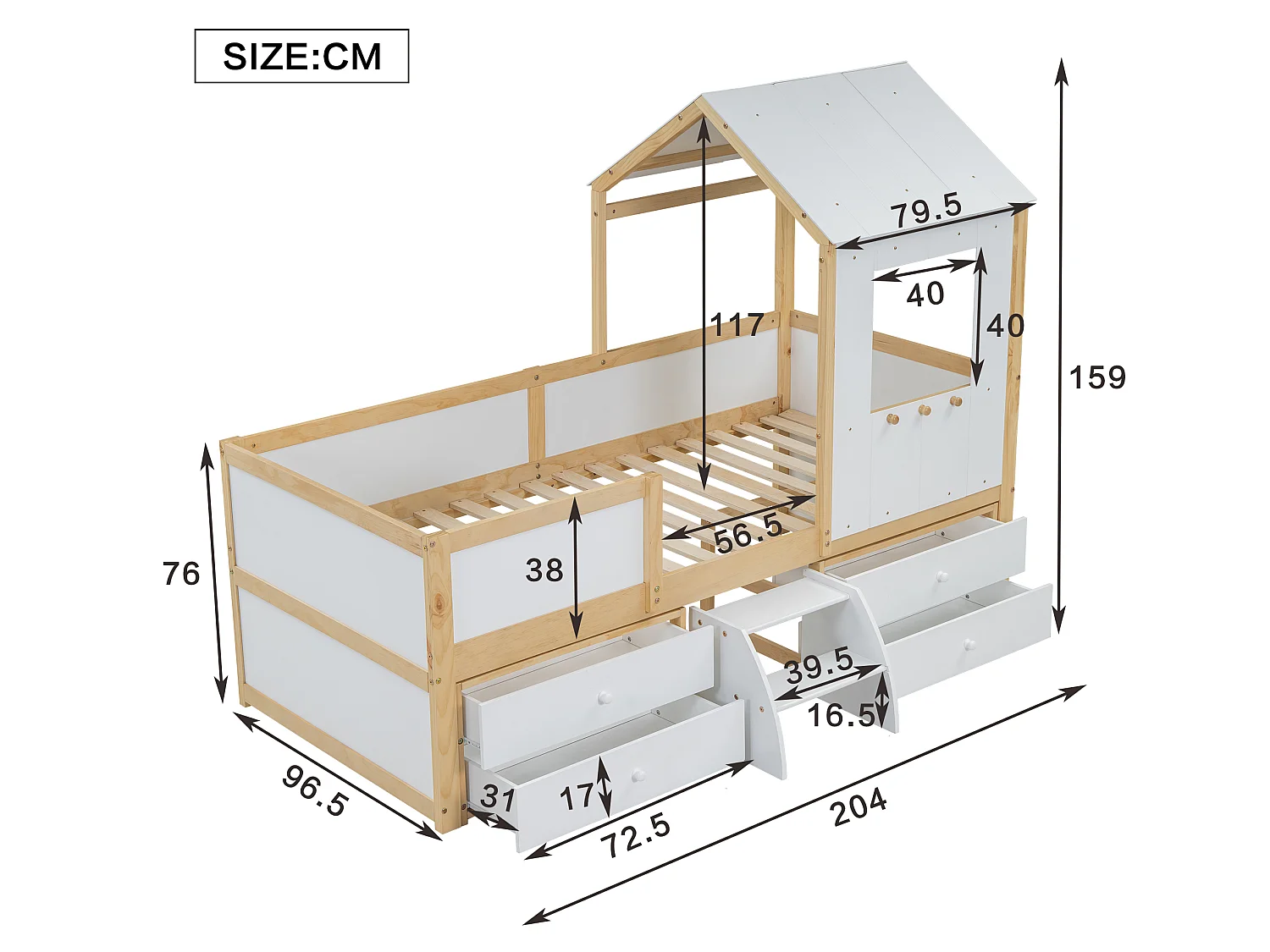 Lit cabane 90x200 cm avec barrière de sécurité - avec 4 tiroirs et escalier - en bois de pin et MDF - Blanc & Naturel