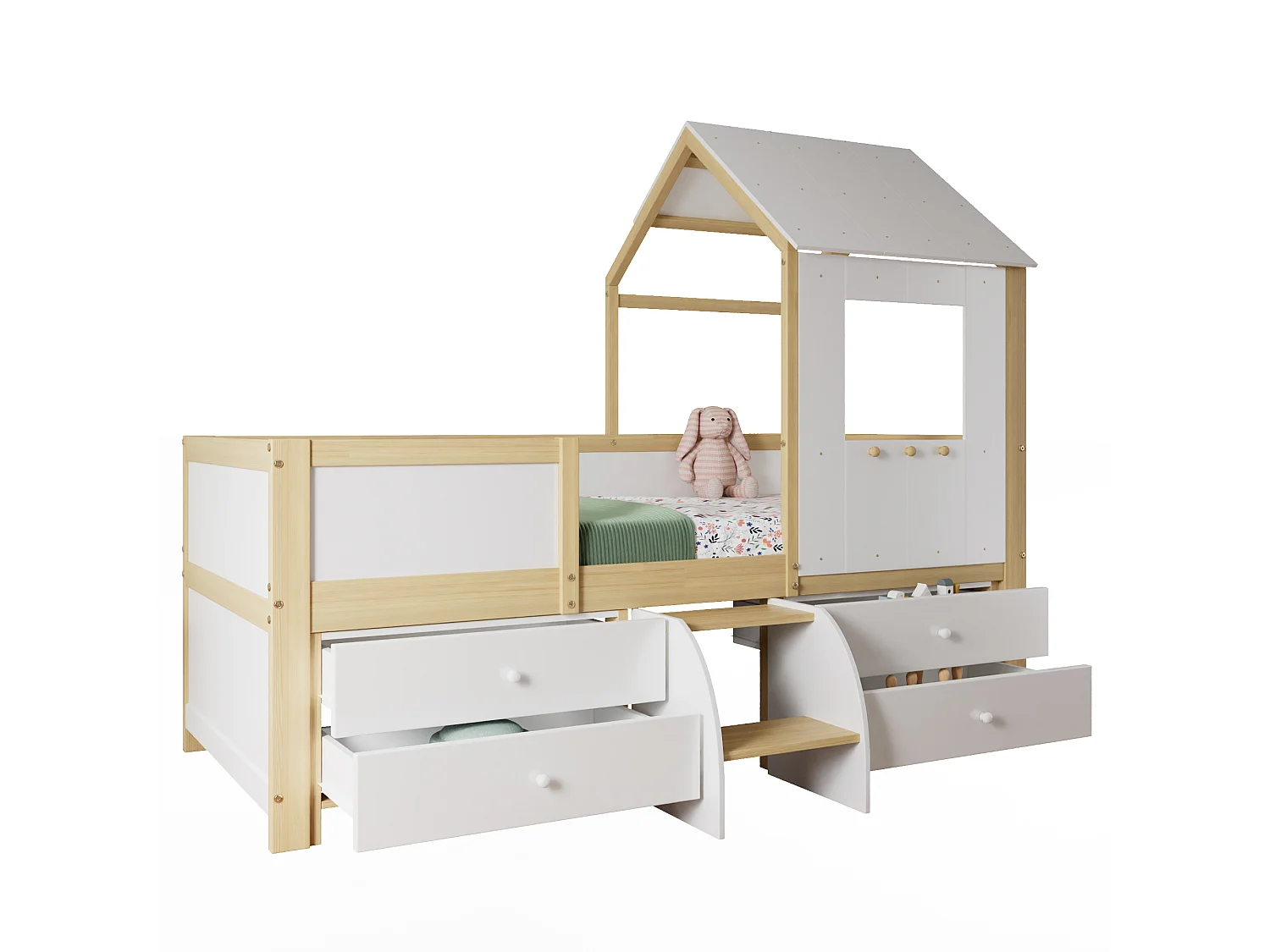 Lit cabane 90x200 cm avec barrière de sécurité - avec 4 tiroirs et escalier - en bois de pin et MDF - Blanc & Naturel