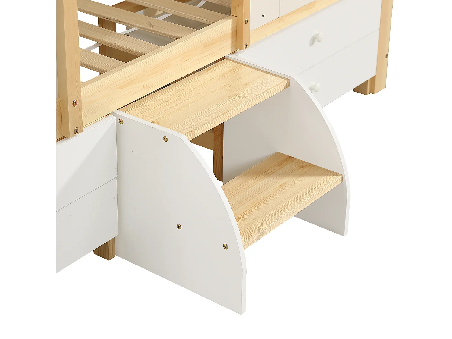 Lit cabane 90x200 cm avec barrière de sécurité - avec 4 tiroirs et escalier - en bois de pin et MDF - Blanc & Naturel
