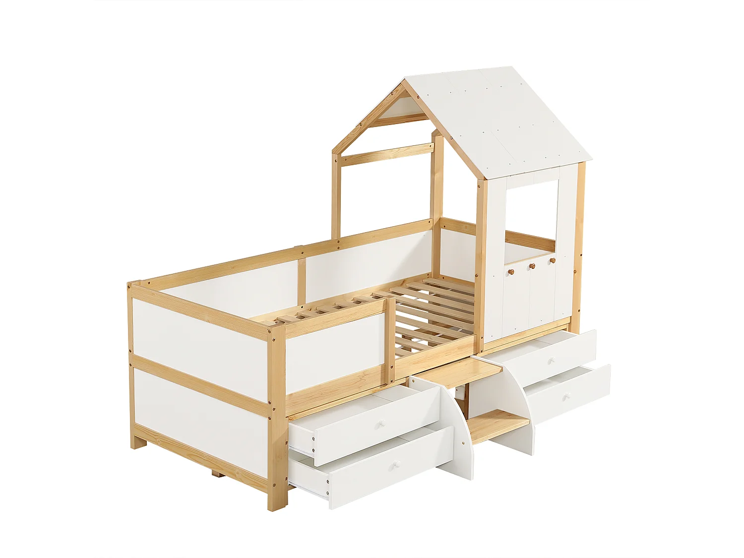Lit cabane 90x200 cm avec barrière de sécurité - avec 4 tiroirs et escalier - en bois de pin et MDF - Blanc & Naturel