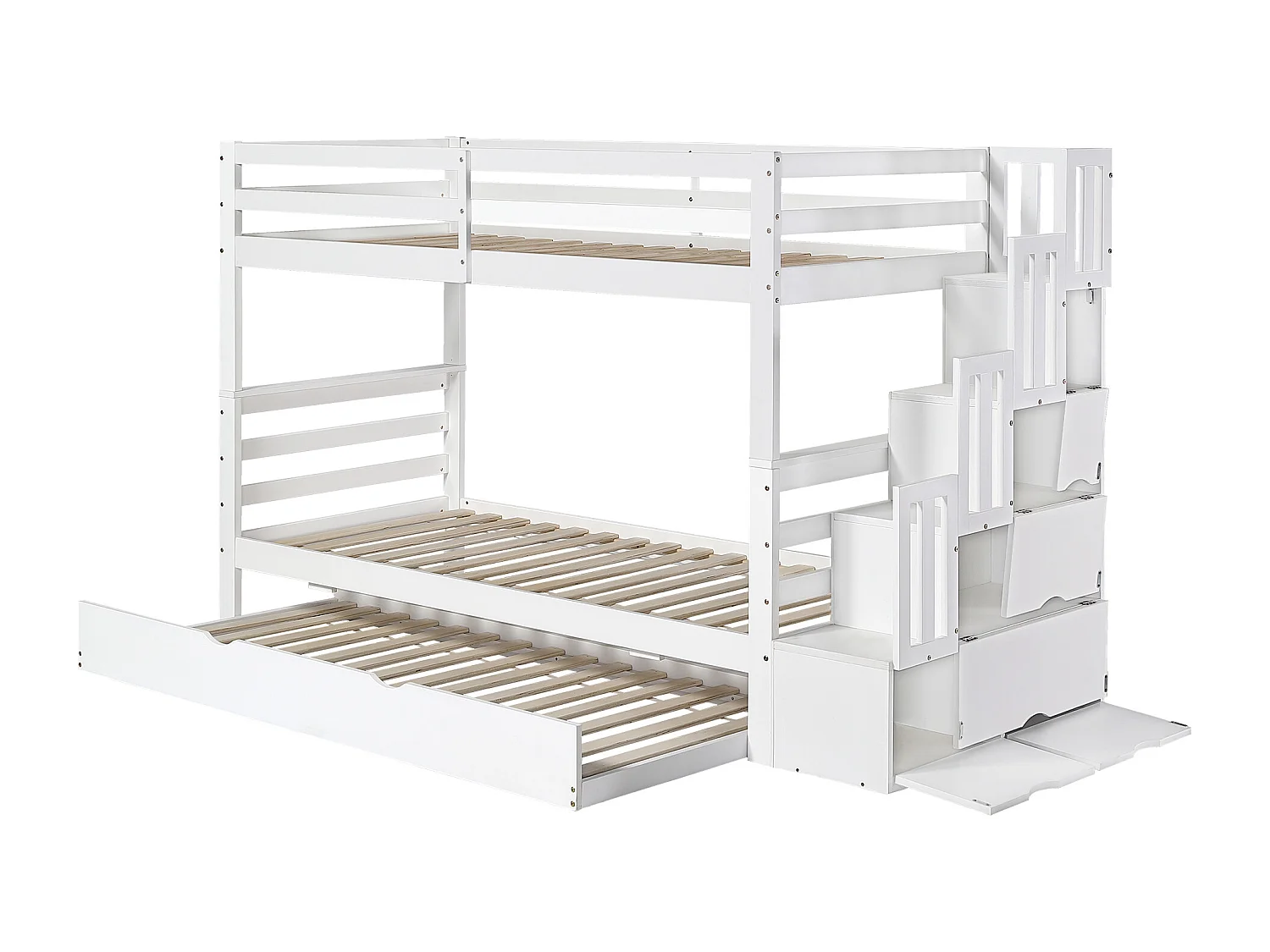 Stapelbed voor kinderen - 2x90x200 cm en een onderschuifbed 90x190 cm - met opbergladder - in grenenhout en MDF - Wit