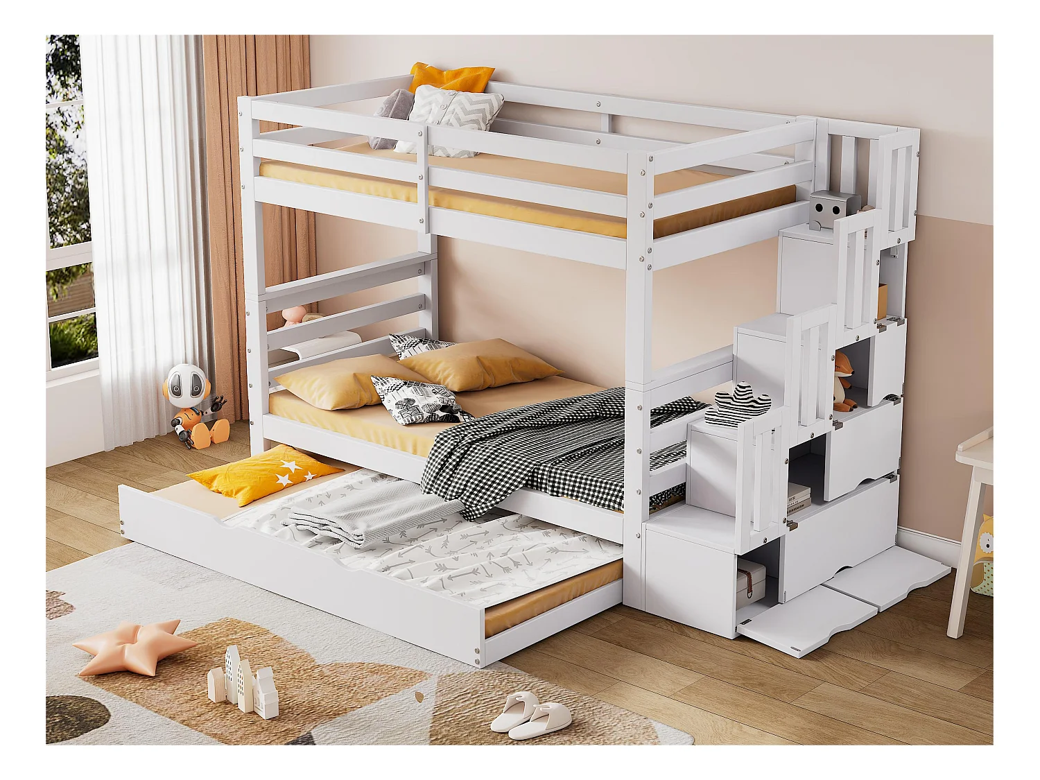 Lit superposé pour enfants - 2x90x200 cm et un lit gigogne 90x190 cm - avec échelle de rangement - en bois de pin et MDF - Blanc