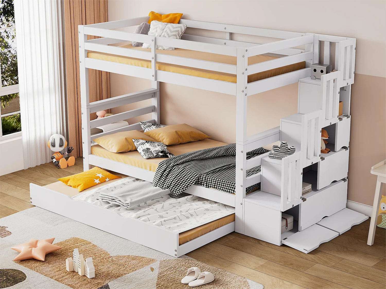 Lit superposé pour enfants - 2x90x200 cm et un lit gigogne 90x190 cm - avec échelle de rangement - en bois de pin et MDF - Blanc