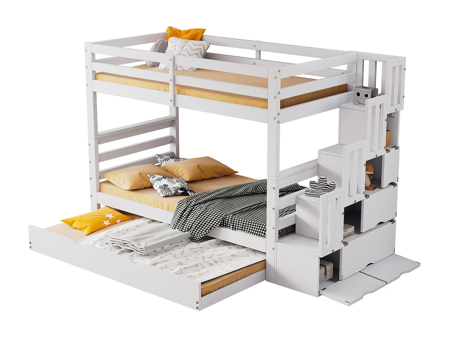 Lit superposé pour enfants - 2x90x200 cm et un lit gigogne 90x190 cm - avec échelle de rangement - en bois de pin et MDF - Blanc