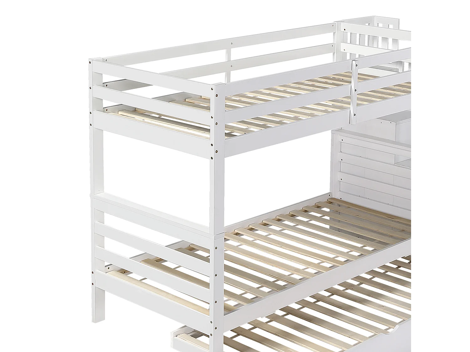 Lit superposé pour enfants - 2x90x200 cm et un lit gigogne 90x190 cm - avec échelle de rangement - en bois de pin et MDF - Blanc
