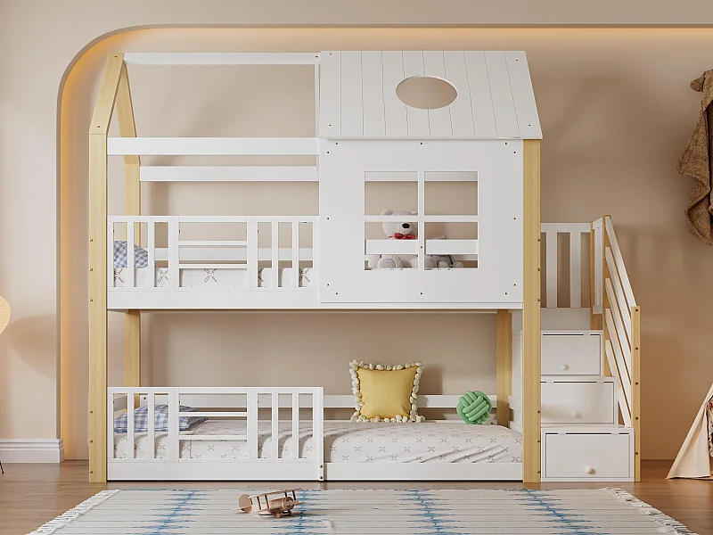 Etagenbett aus Kiefernholz und MDF – mit Stauraumtreppe – 90 x 200 cm – Weiß & Natur