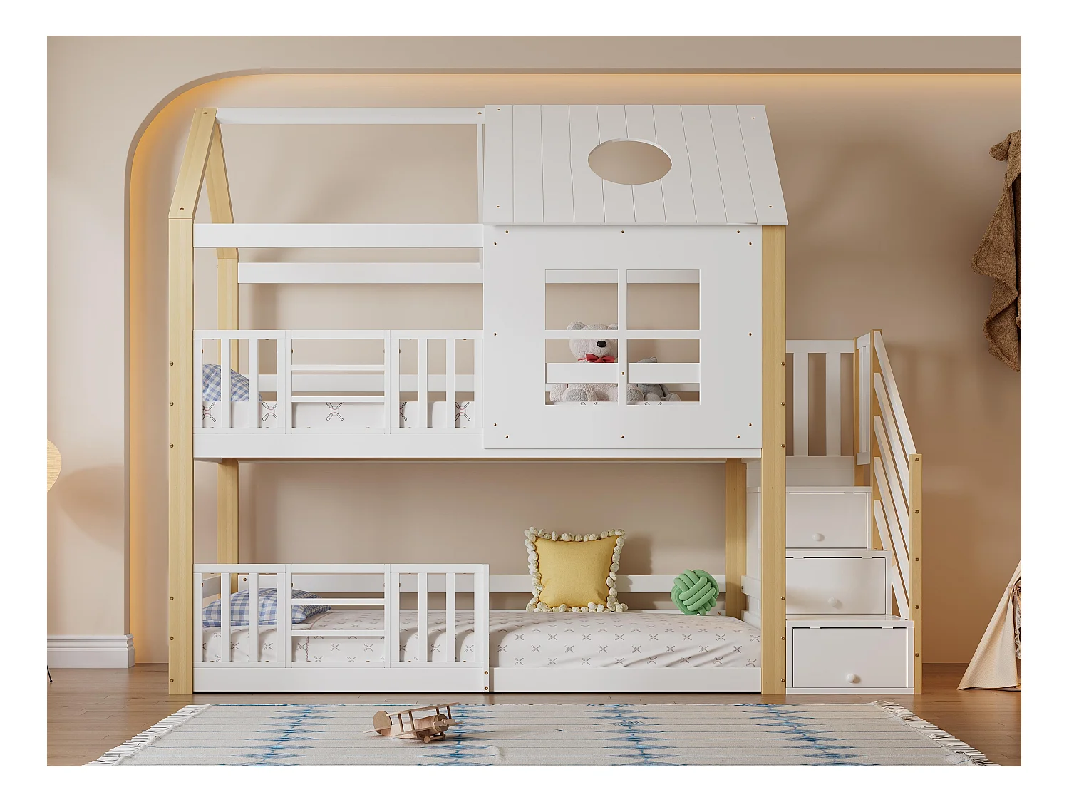 Lit superposé en bois de pin et MDF - avec escalier de rangement - 90x200 cm - Blanc & Naturel