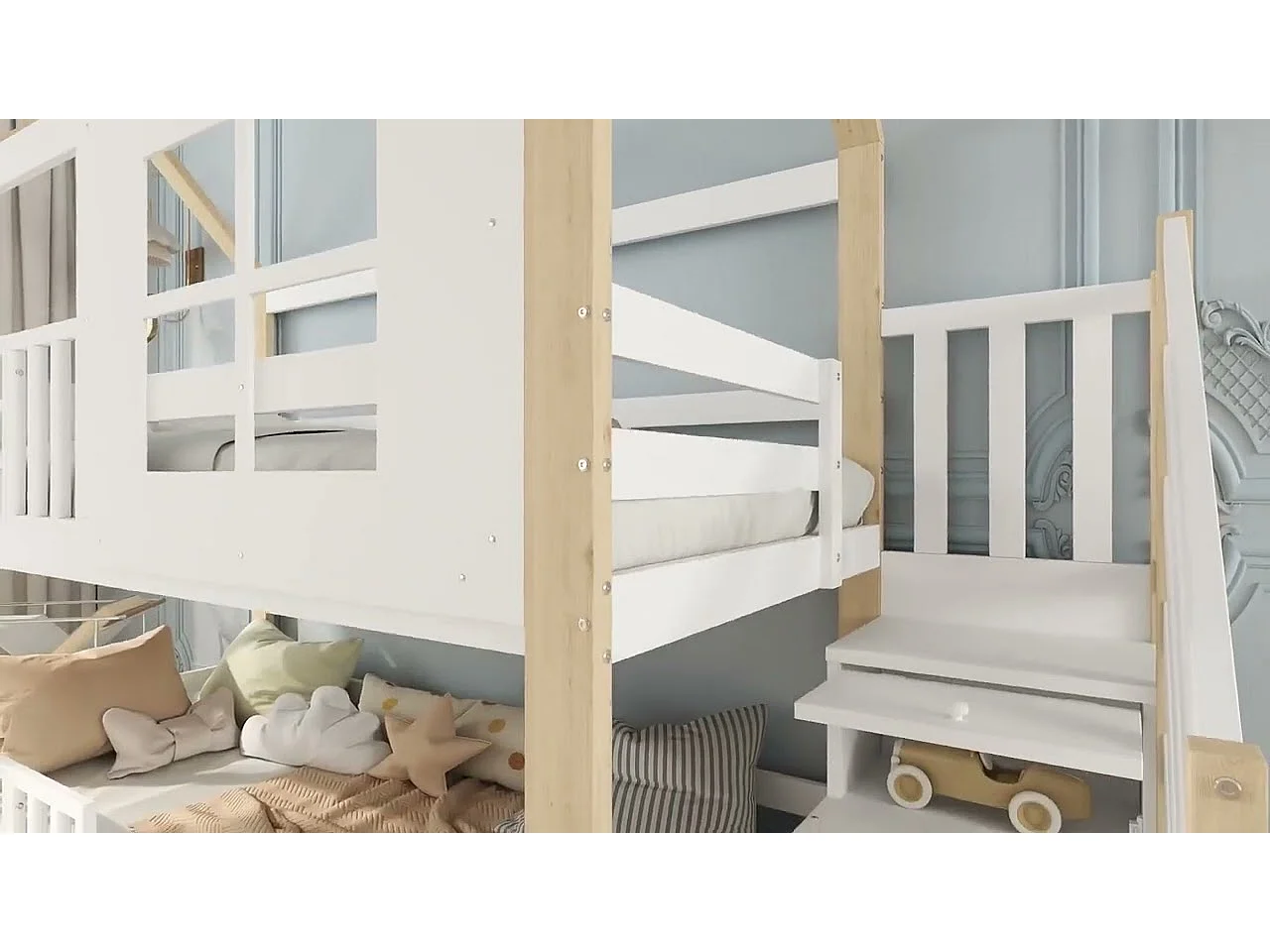 Lit superposé en bois de pin et MDF - avec escalier de rangement - 90x200 cm - Blanc & Naturel