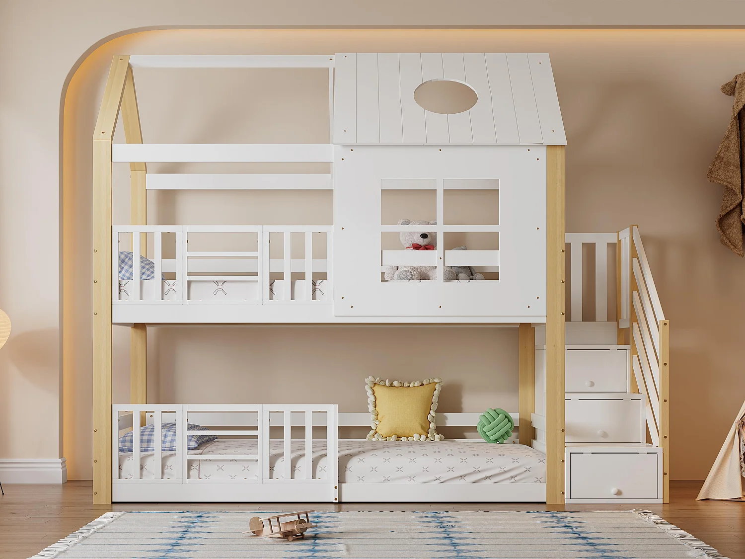 Lit superposé en bois de pin et MDF - avec escalier de rangement - 90x200 cm - Blanc & Naturel