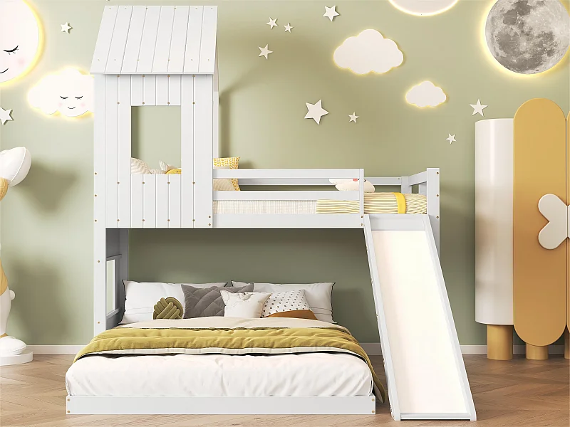 Stapelbed voor kinderen met glijbaan en ladder - 90x200 cm + 140x200 cm - gemaakt van grenenhout en MDF - Wit