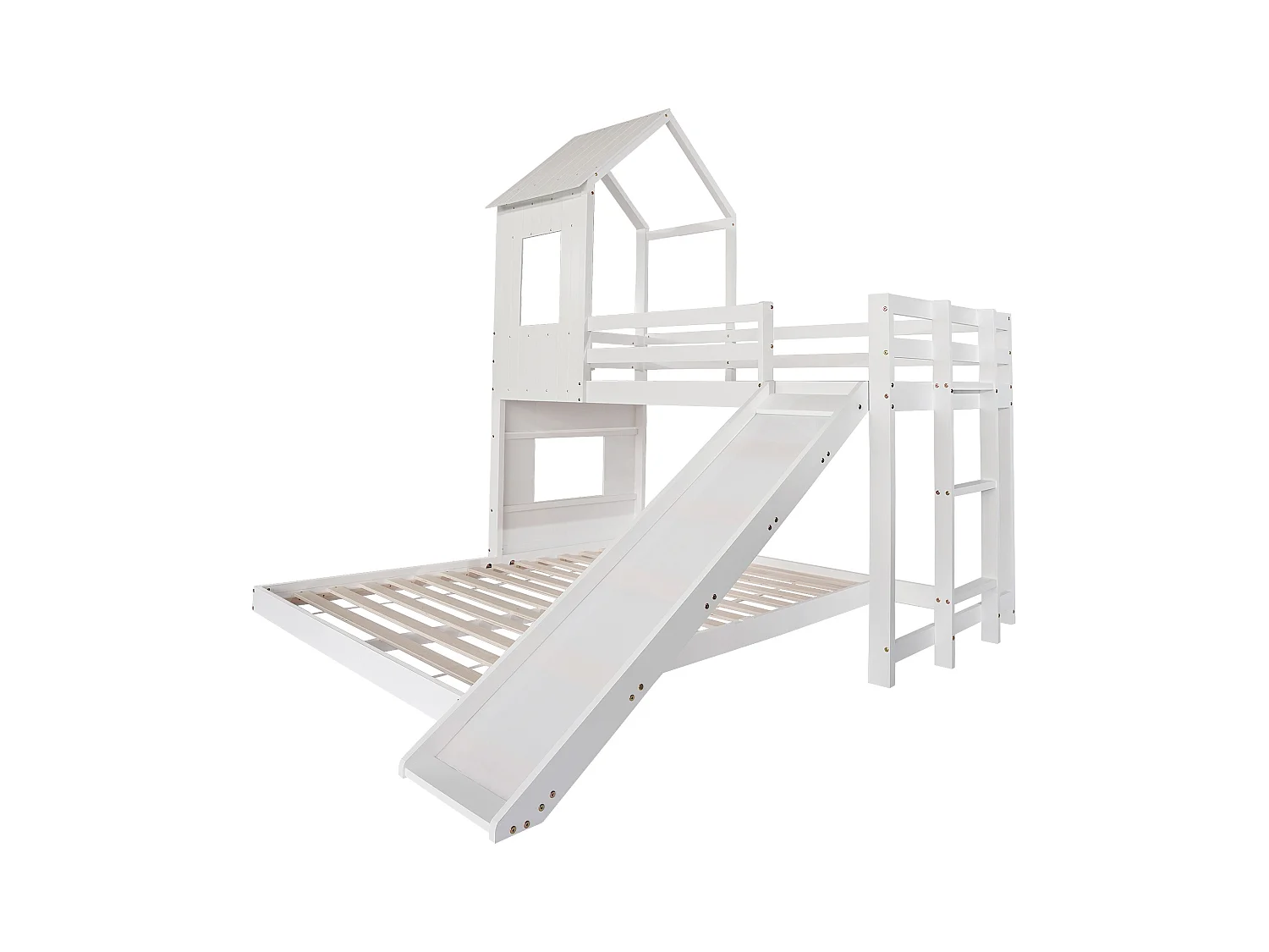 Stapelbed voor kinderen met glijbaan en ladder - 90x200 cm + 140x200 cm - gemaakt van grenenhout en MDF - Wit