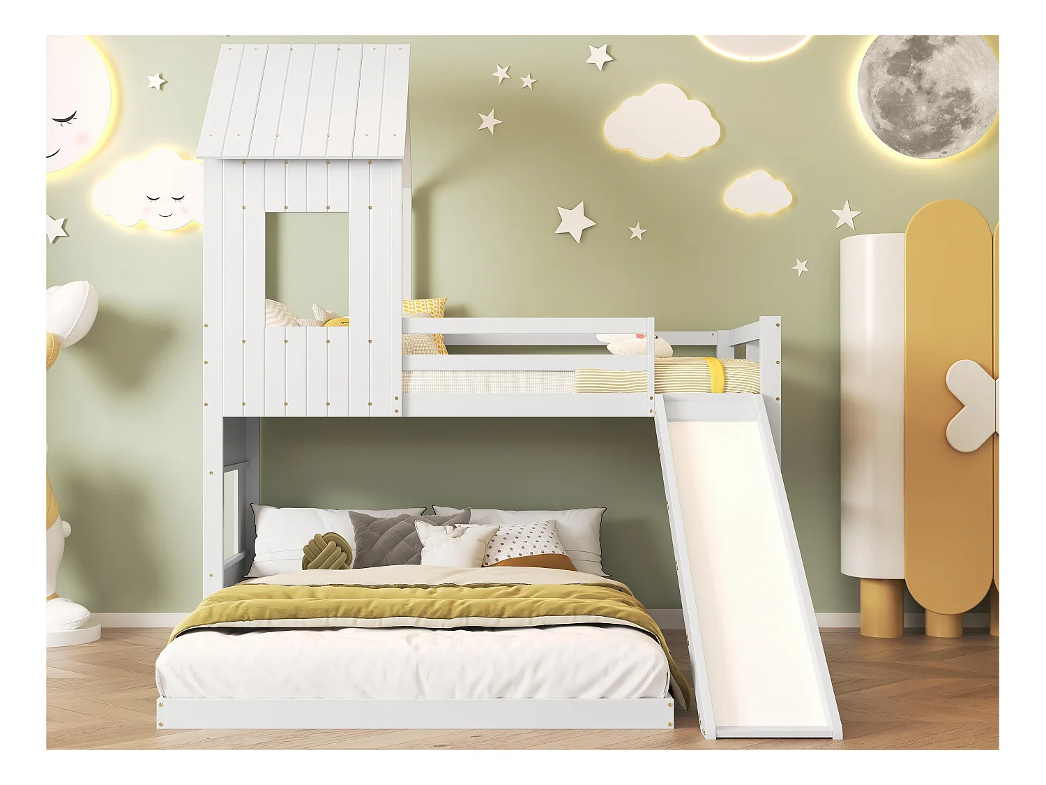 Lit superposé pour enfants avec toboggan et échelle - 90x200 cm + 140x200 cm - en bois de pin et MDF - Blanc