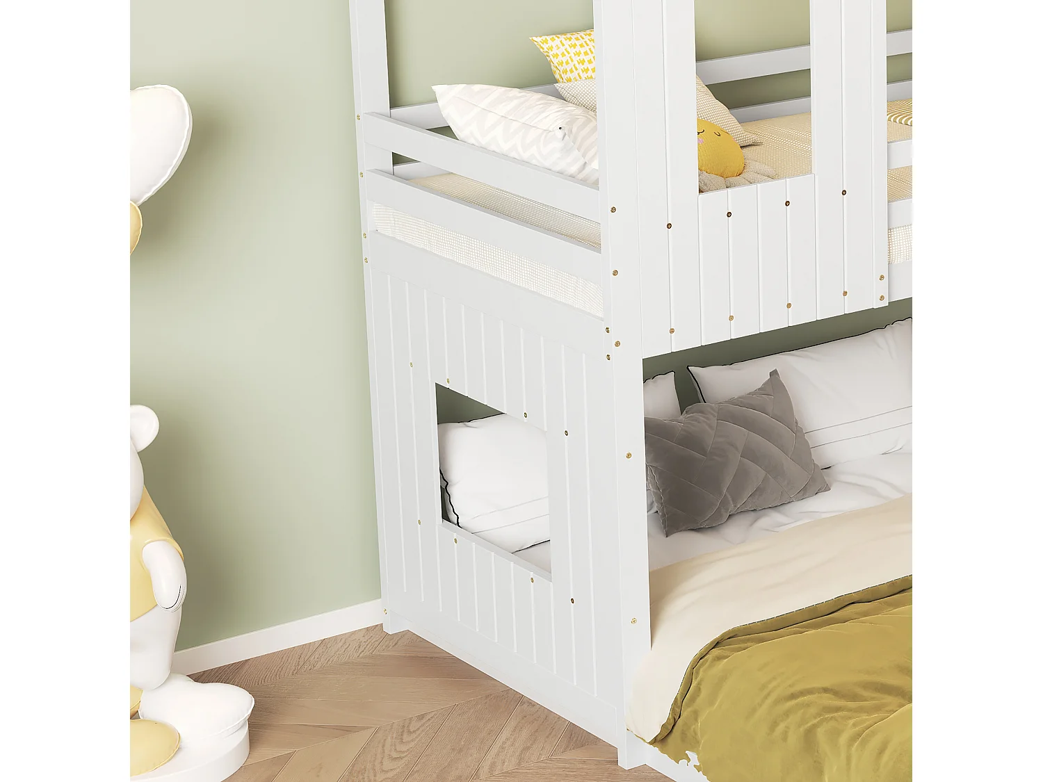 Lit superposé pour enfants avec toboggan et échelle - 90x200 cm + 140x200 cm - en bois de pin et MDF - Blanc