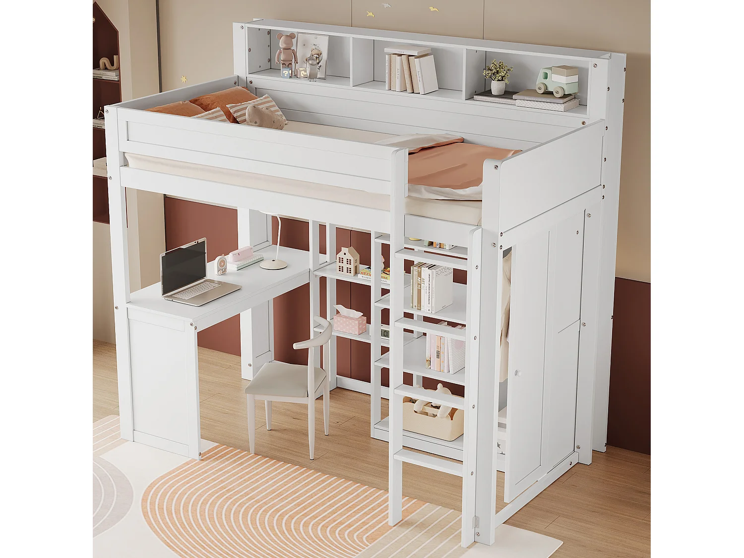 Hochbett aus Kiefernholz und MDF – 90 x 200 cm – mit Regalen darüber, Schreibtisch und Kleiderschrank – Weiß