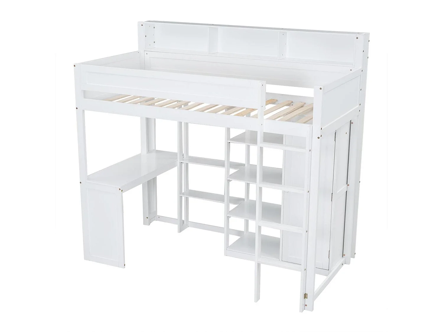 Hochbett aus Kiefernholz und MDF – 90 x 200 cm – mit Regalen darüber, Schreibtisch und Kleiderschrank – Weiß