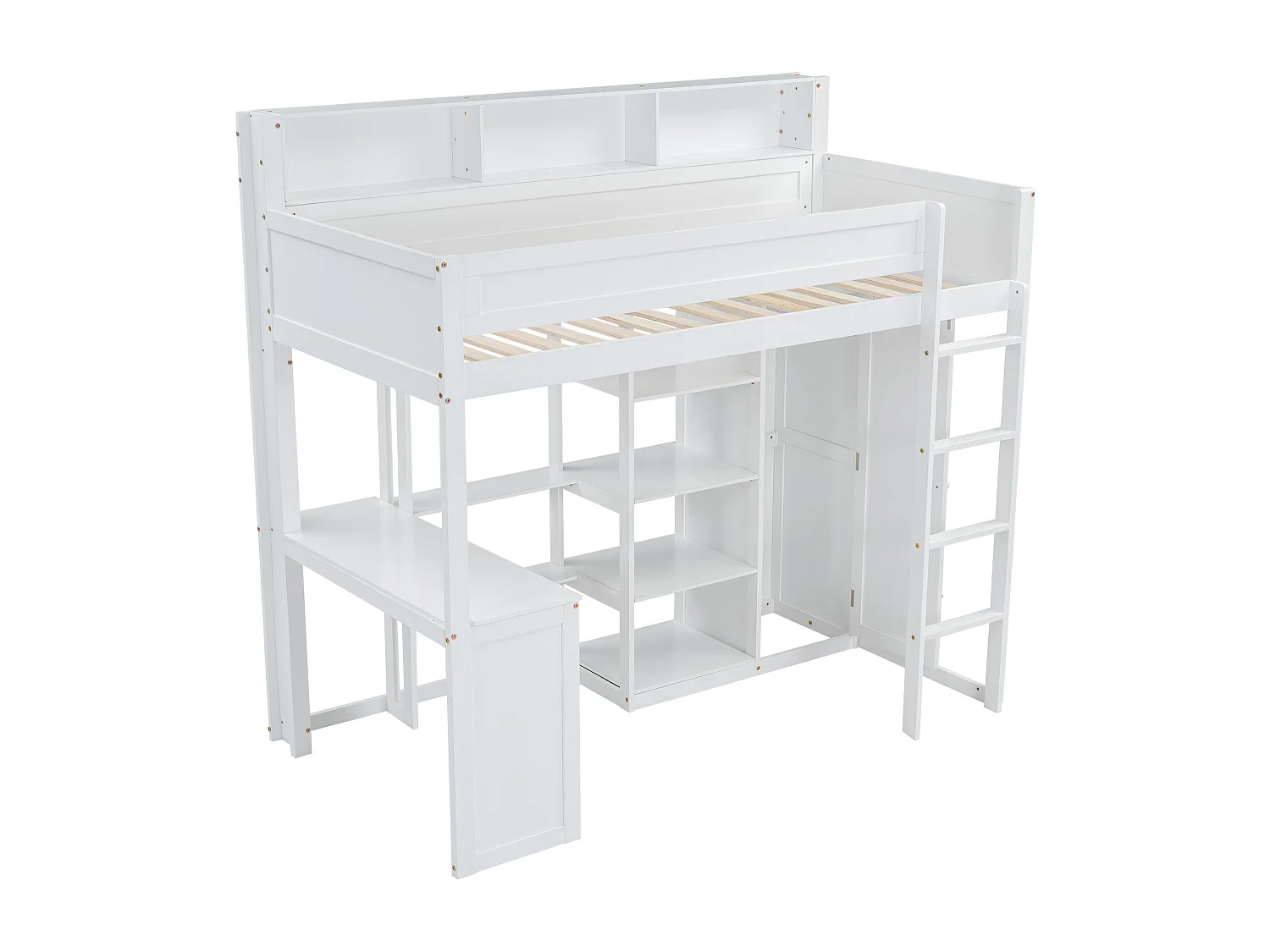 Hochbett aus Kiefernholz und MDF – 90 x 200 cm – mit Regalen darüber, Schreibtisch und Kleiderschrank – Weiß