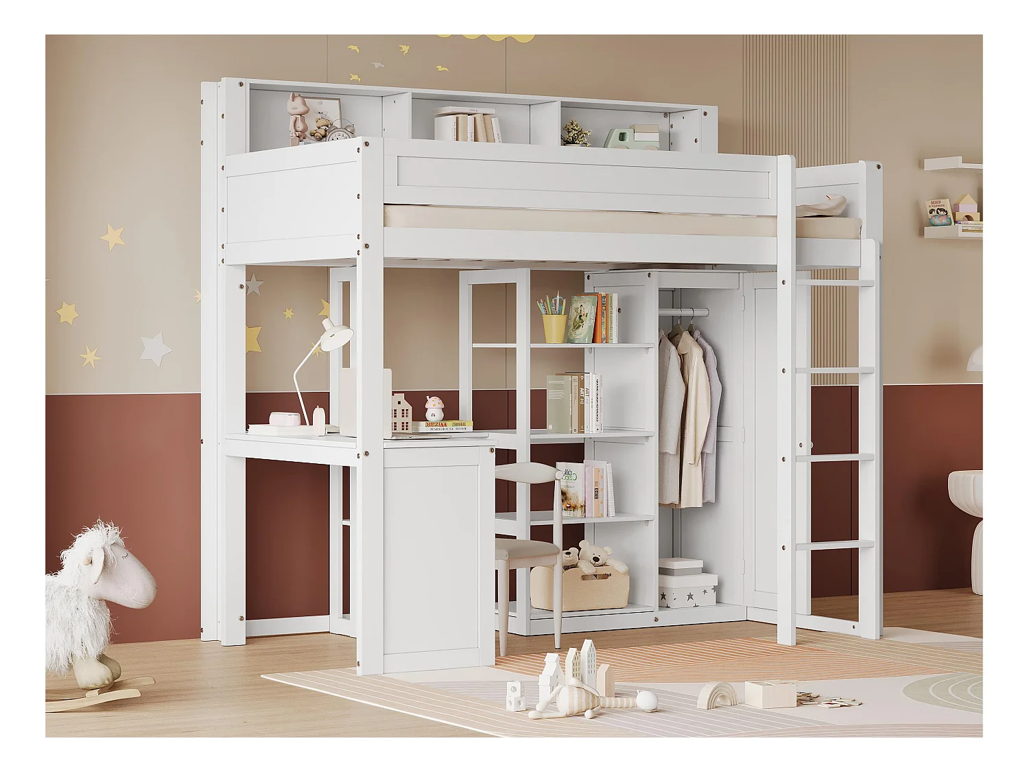 Lit mezzanine en bois de pin et MDF - 90x200 cm - avec étagères au-dessus、bureau et armoire - Blanc