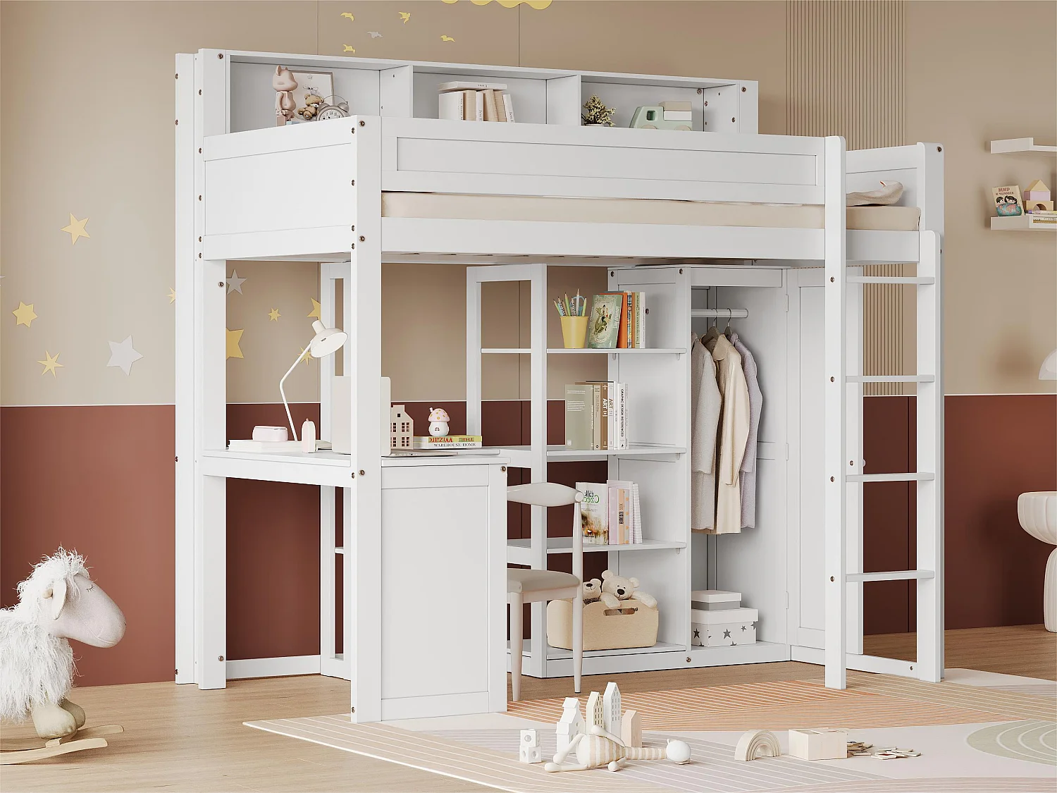 Cama alta em madeira de pinho e MDF - 90x200 cm - com prateleiras em cima, secretária e roupeiro - Branco