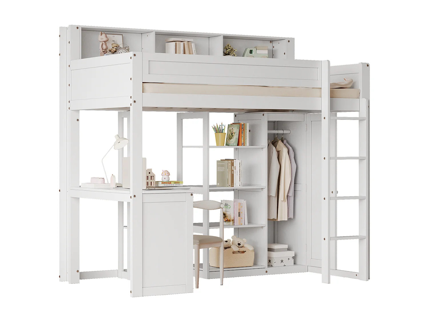 Cama alta em madeira de pinho e MDF - 90x200 cm - com prateleiras em cima, secretária e roupeiro - Branco