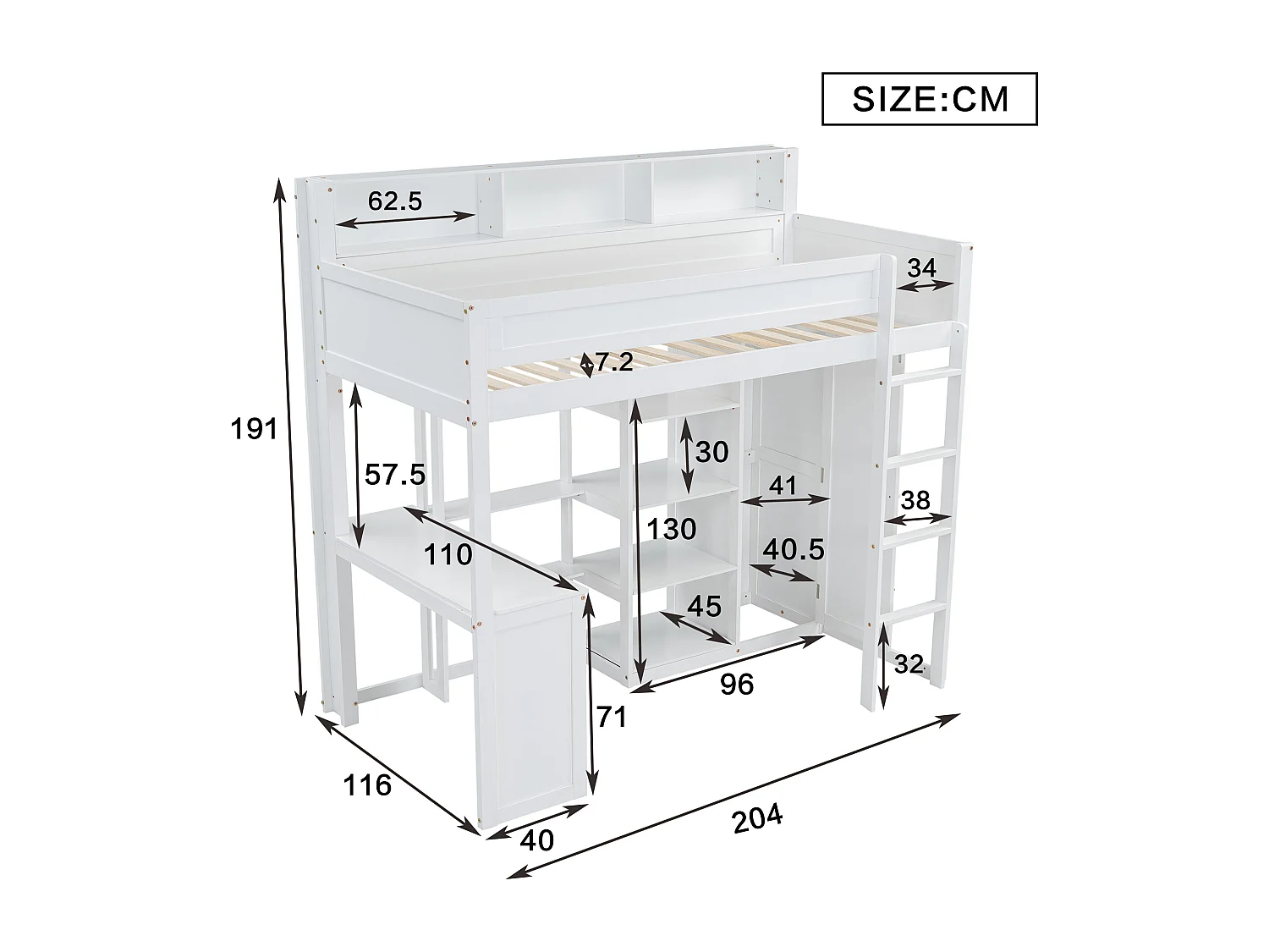 Cama alta em madeira de pinho e MDF - 90x200 cm - com prateleiras em cima, secretária e roupeiro - Branco