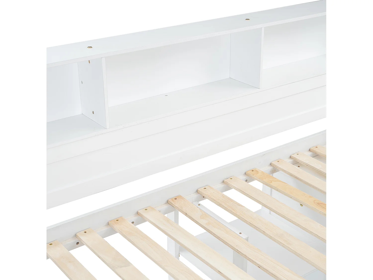 Cama alta em madeira de pinho e MDF - 90x200 cm - com prateleiras em cima, secretária e roupeiro - Branco