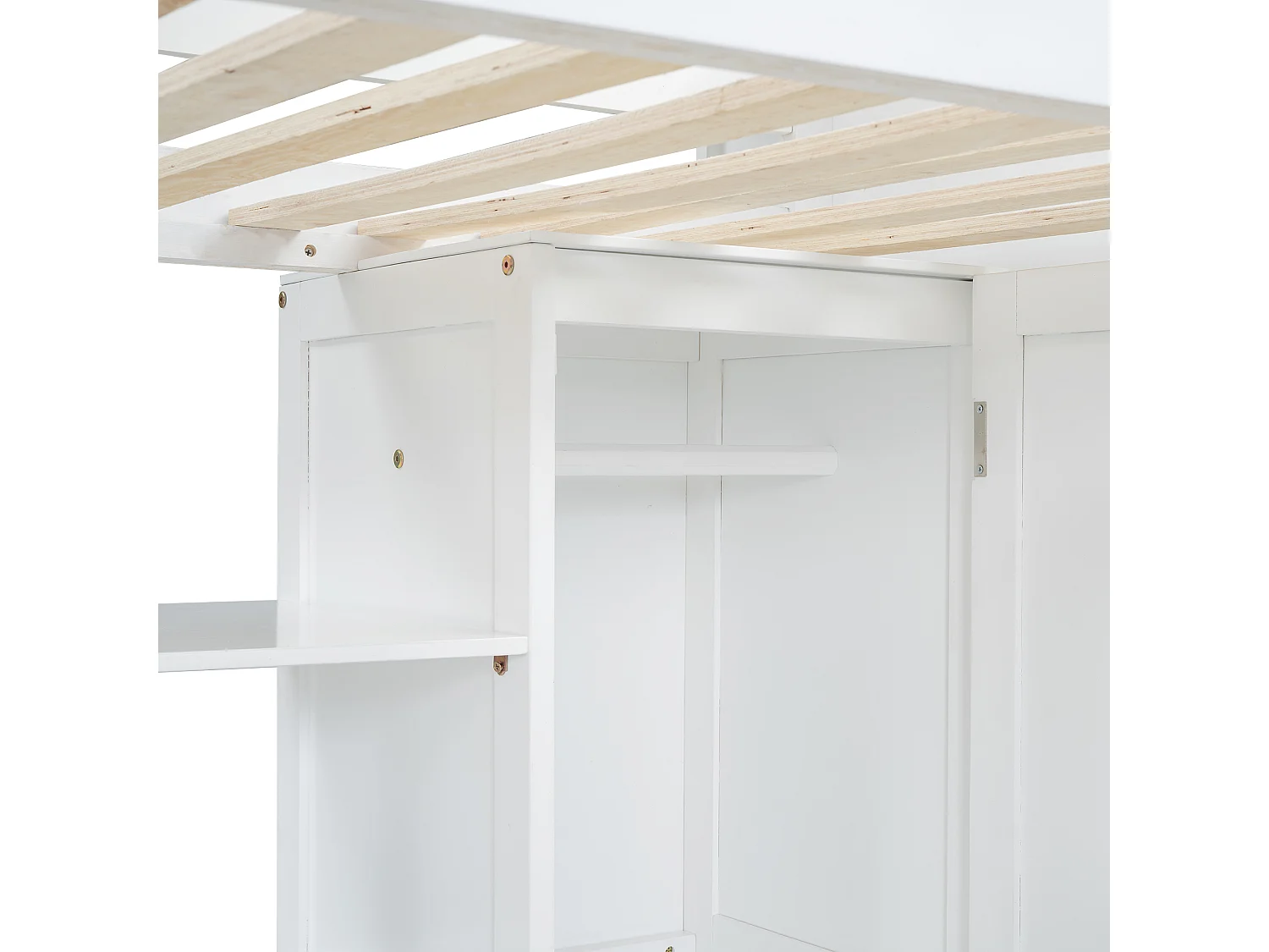 Cama alta em madeira de pinho e MDF - 90x200 cm - com prateleiras em cima, secretária e roupeiro - Branco