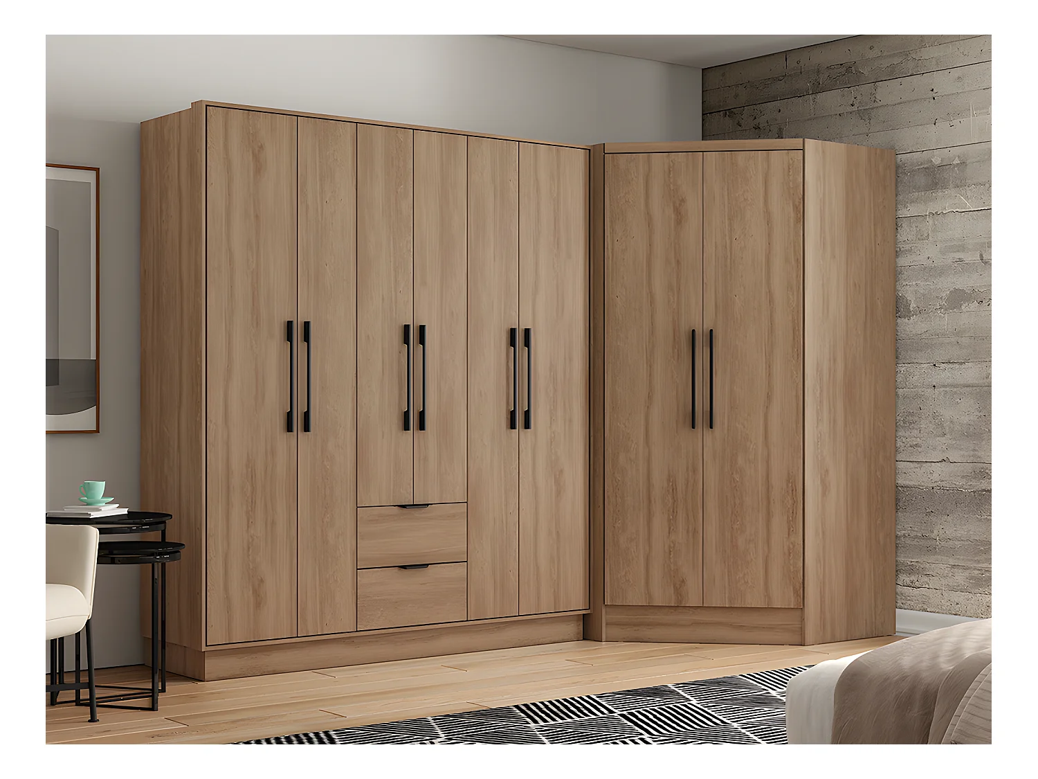 Armoire d'angle 8 portes et 2 tiroirs - L263 cm - Coloris : Naturel - FEOVA