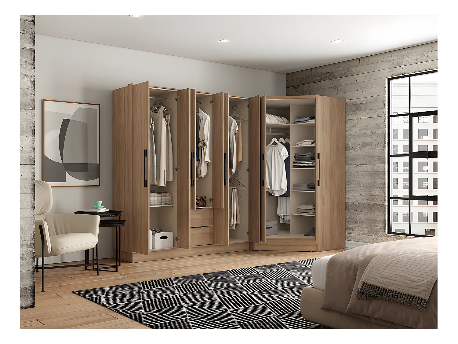 Armoire d'angle 8 portes et 2 tiroirs - L263 cm - Coloris : Naturel - FEOVA