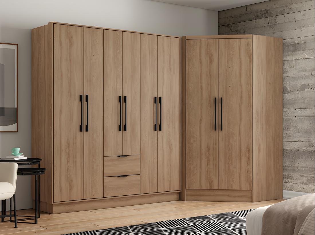 vente unique Armoire d'angle 8 portes et 2 tiroirs - L263 cm - Coloris : Naturel - FEOVA