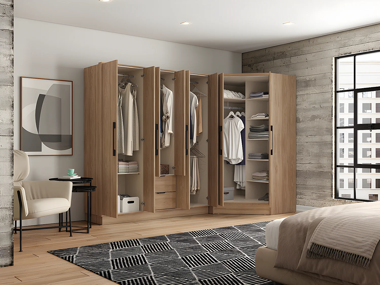 Armoire d'angle 8 portes et 2 tiroirs - L263 cm - Coloris : Naturel - FEOVA