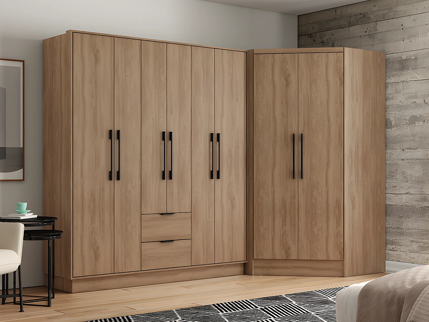 Armoire d'angle 8 portes et 2 tiroirs - L263 cm - Coloris : Naturel - FEOVA