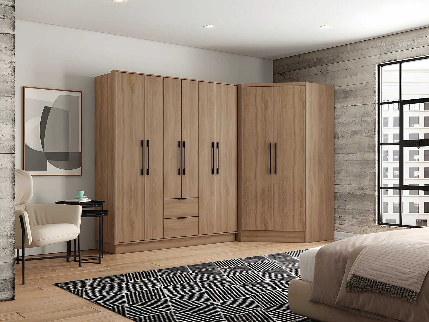 Armoire d'angle 8 portes et 2 tiroirs - L263 cm - Coloris : Naturel - FEOVA