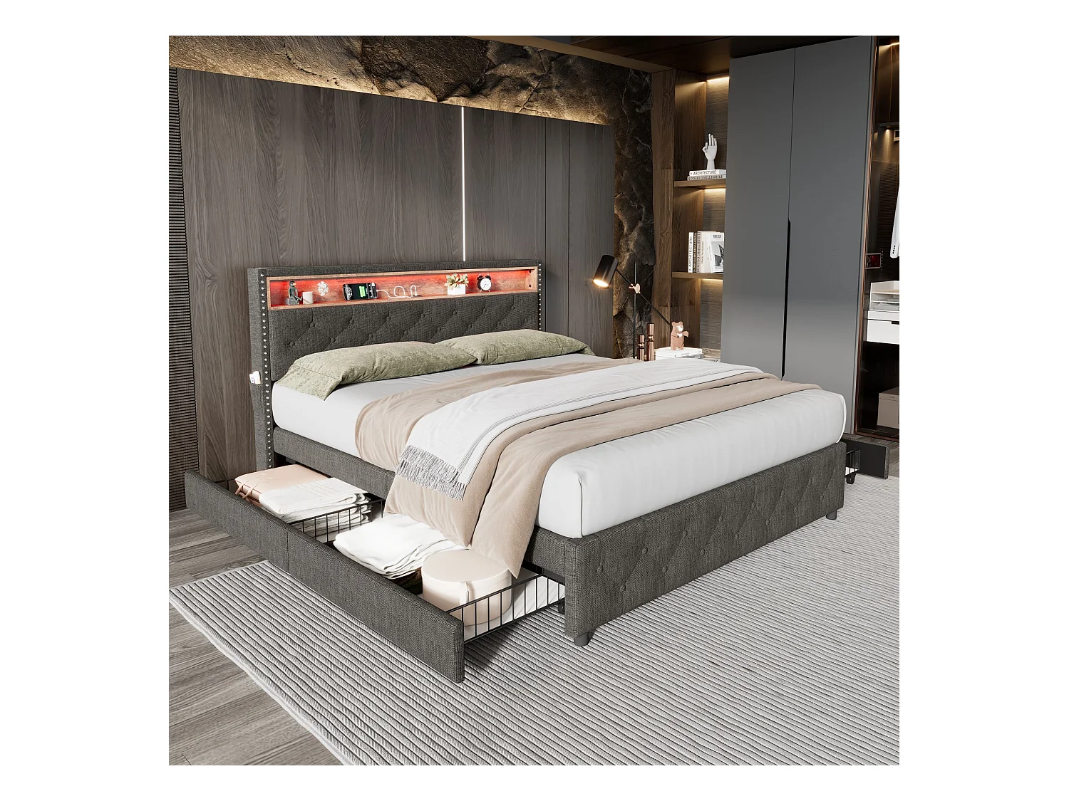 Lit capitonné avec 4 tiroirs et rangement de tête de lit - 140 x 200 cm - LEDs et USB - tissu lin - gris