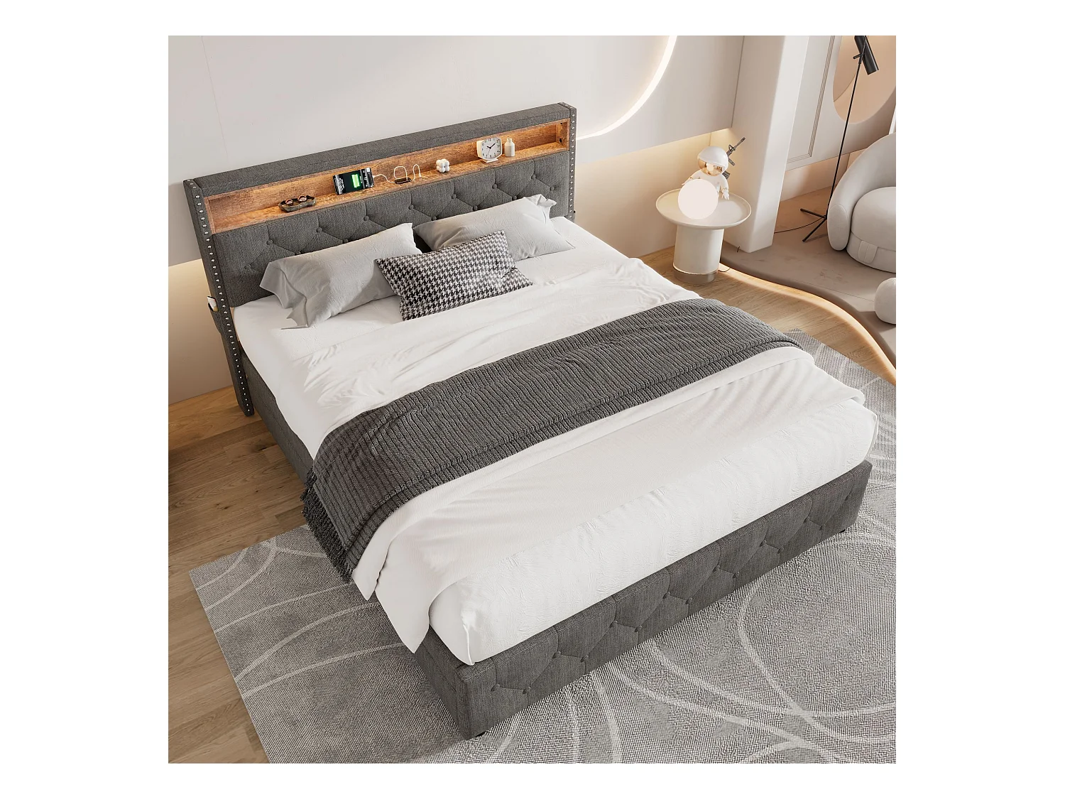 Lit capitonné avec 4 tiroirs et rangement de tête de lit - 140 x 200 cm - LEDs et USB - tissu lin - gris
