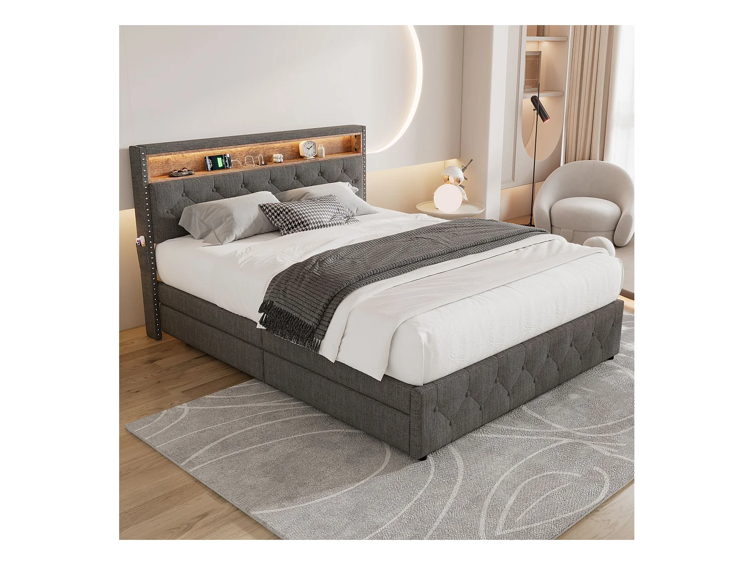 Lit capitonné avec 4 tiroirs et rangement de tête de lit - 140 x 200 cm - LEDs et USB - tissu lin - gris