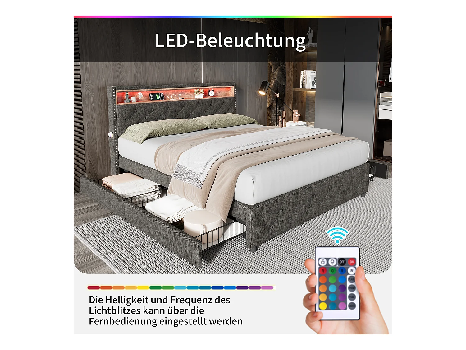 Lit capitonné avec 4 tiroirs et rangement de tête de lit - 140 x 200 cm - LEDs et USB - tissu lin - gris