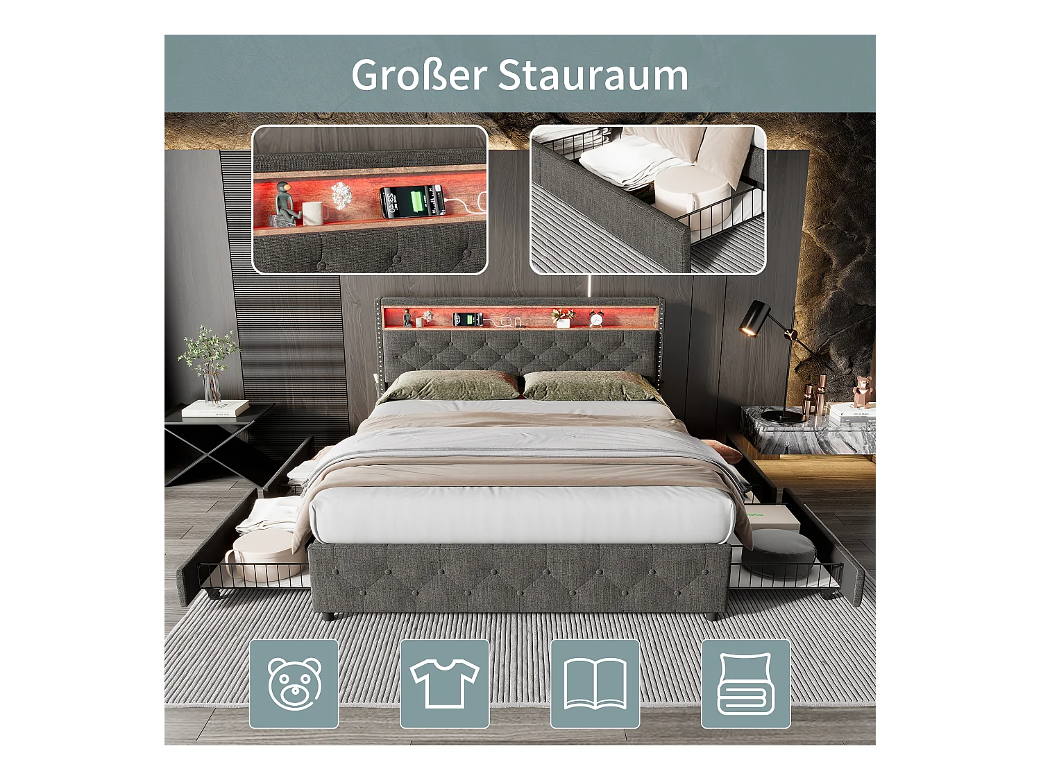 Lit capitonné avec 4 tiroirs et rangement de tête de lit - 140 x 200 cm - LEDs et USB - tissu lin - gris