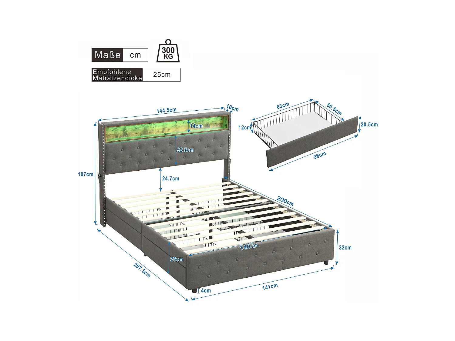 Lit capitonné avec 4 tiroirs et rangement de tête de lit - 140 x 200 cm - LEDs et USB - tissu lin - gris