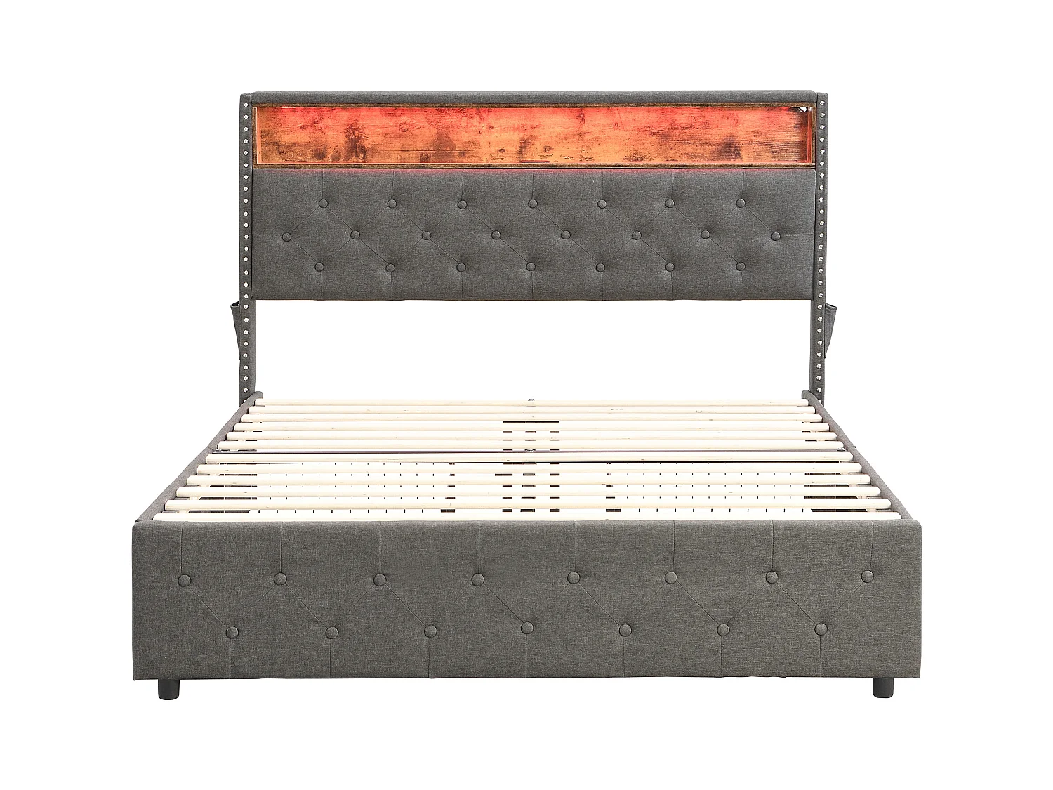 Lit capitonné avec 4 tiroirs et rangement de tête de lit - 140 x 200 cm - LEDs et USB - tissu lin - gris